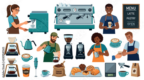 Baristas making coffee with espresso machines, grinders, pour-over sets, and serving pastries, vector illustration set