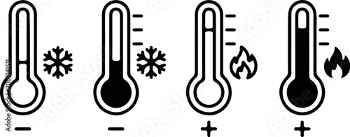 Hot and cold temperature thermometer icon set. chill and frost signs for thermal monitoring concept High and low heat symbols with freeze representing vector eps