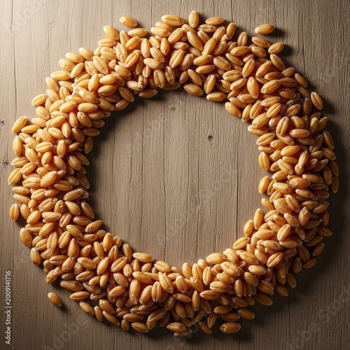 Golden cereal grains scattered and arranged to define a large, empty central area. Excellent natural texture background with generous copy space, natural, frame, seed