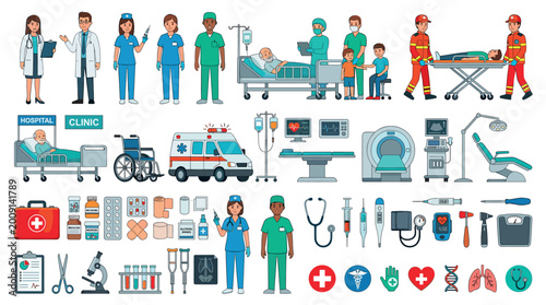Doctors nurses patients ambulance hospital equipment medical tools icons set vector illustration