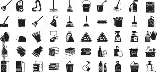 Photos House cleaning and janitorial service tools collection featuring brooms mops buckets gloves bottles sponges and laundry supplies