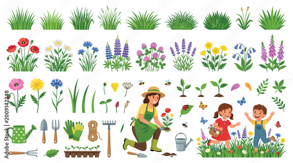 Fototapeta premium Gardening tools flowers grass plants children woman bees butterflies vector illustration set
