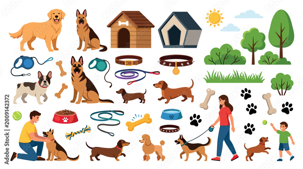 Naklejka premium Dogs, dog houses, leashes, collars, bones, bowls, people, trees, and paw prints vector illustration set