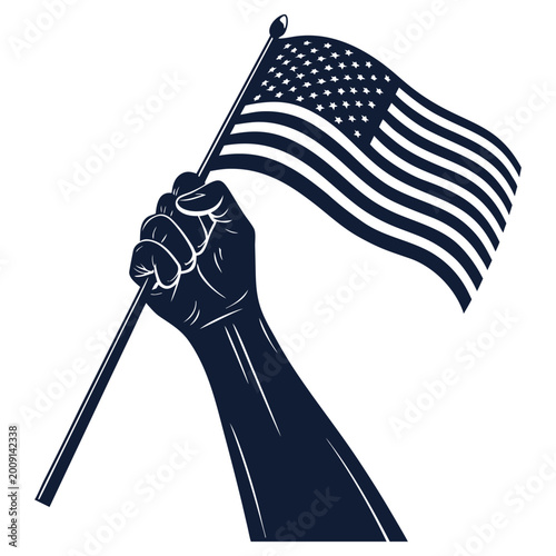 Raised fist holding a waving american flag illustration