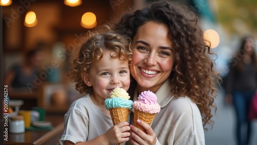 Happy mother with little daughter sharing ice cream outdoors, warm family moment, smiling faces, tender connection, summer lifestyle, parenting love, childhood joy
