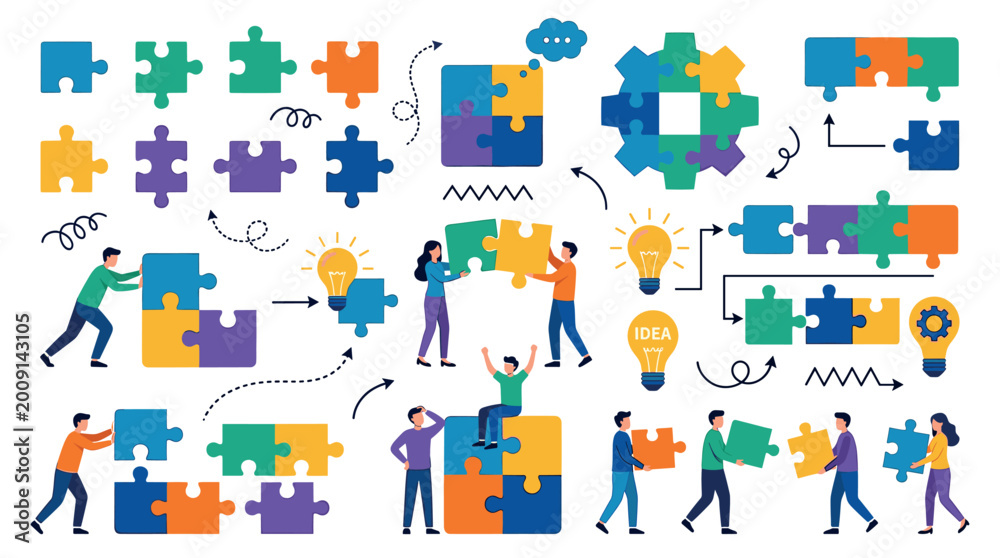 Naklejka premium People assembling colorful puzzle pieces with light bulbs and arrows, representing problem solving, teamwork, and business solutions in a flat vector illustration