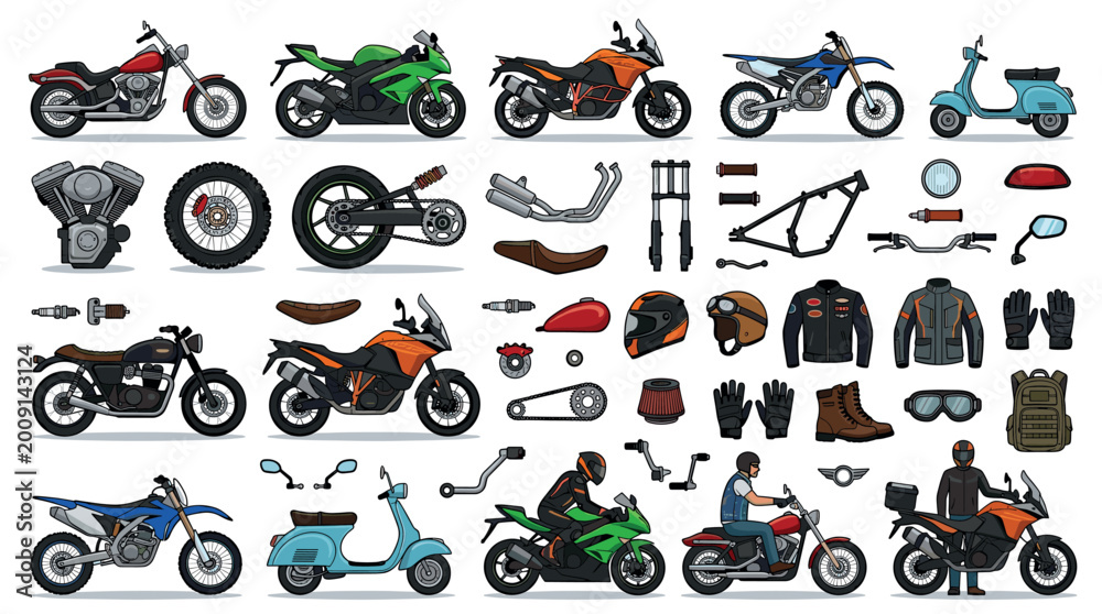 Obraz premium Motorcycle scooter parts accessories clothing helmet boots gloves backpack vector illustration set
