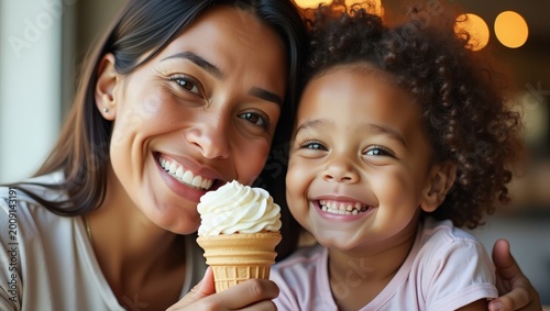 Happy mother with little daughter sharing ice cream outdoors, warm family moment, smiling faces, tender connection, summer lifestyle, parenting love, childhood joy