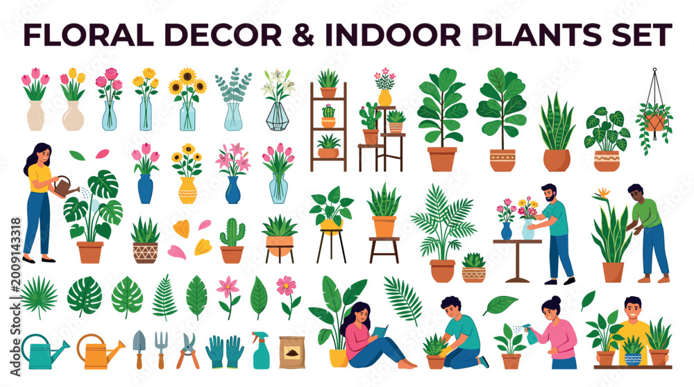 Fototapeta premium People caring for various indoor plants, flowers in vases, gardening tools, and potted plants in a flat vector illustration set
