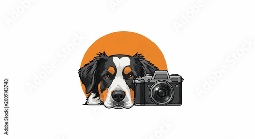 A Bernese mountain dog peeks over an orange circle, next to a camera