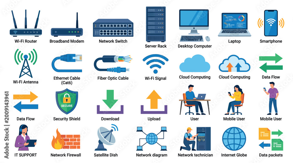 Obraz premium Wi-Fi router modem switch server rack desktop computer laptop smartphone icons set, flat vector illustration