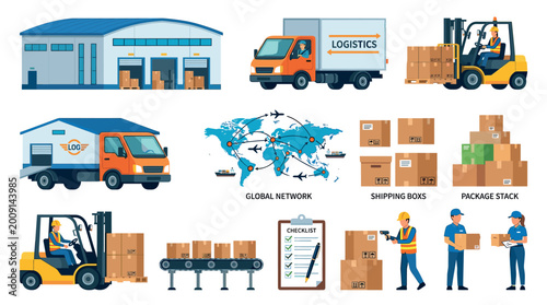 Warehouse truck forklift boxes global network checklist workers vector illustration set for logistics and delivery services