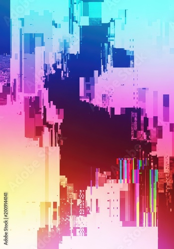 Vibrant digital noise background featuring multicolored visual interference, geometric fragmentation, and corrupted pixelation textures, electric, digital, corruption