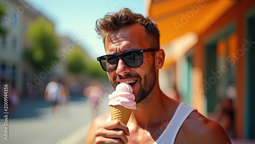 Smiling man enjoying colorful soft serve ice cream on sunny city street, close up portrait, summer travel mood, candid lifestyle moment, joyful expression, urban background blur