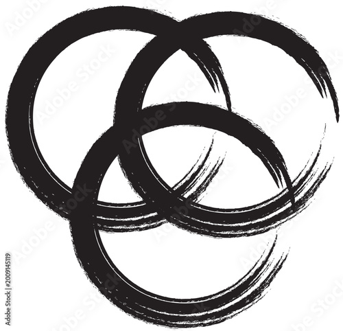 Schilderij op canvas Abstract Triple Interlocking Zen Circles with Black Grunge Ink Brush Stroke Text
