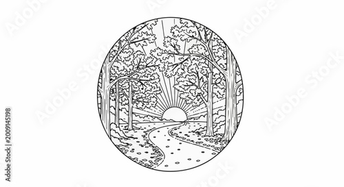 Winding forest path leads to sunrise within an oval frame