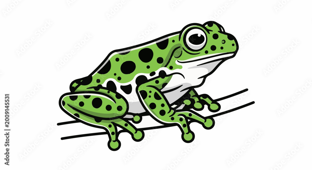 Obraz premium A cartoon green frog with black spots sits on two thin, dark lines