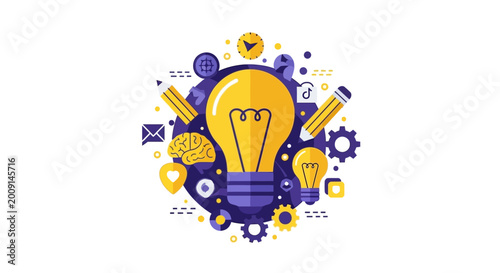 Creative Concept and Innovation Illustration with Light Bulb, Brain, Pencils, and Marketing Icons for Business Brainstorming and Strategic Planning