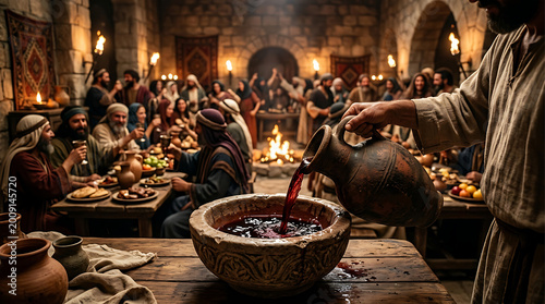 Ancient Biblical Feast Scene with Wine Pouring in Traditional Middle Eastern Setting  