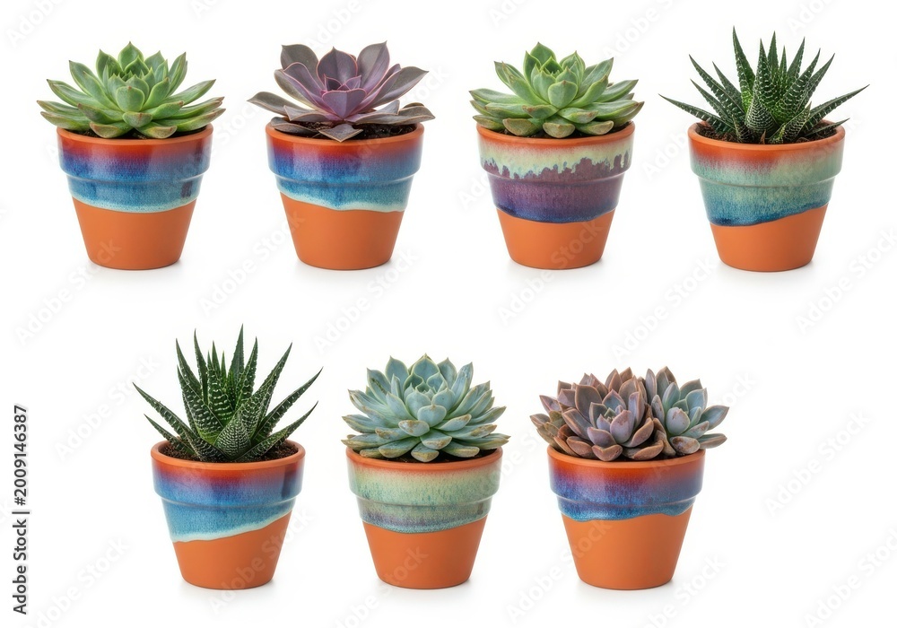 Obraz premium Colorful striped pots showcasing diverse succulent plants