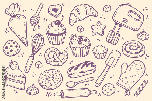 Fotografie Bakery baking set purple doodle pattern vector