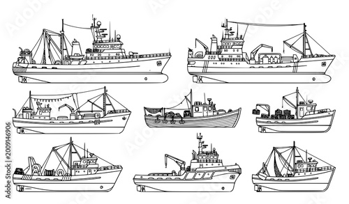 Photos Fishing boats and marine vessels silhouette set seafood industry vector illustra