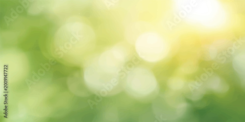 Bright green bokeh abstract background featuring soft natural sunlight and a blurred spring nature design with a shiny defocused light effect