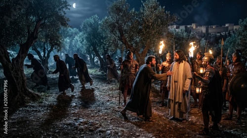 Jesus being betrayed by Judas Iscariot in the Garden of Gethsemane surrounded by Roman soldiers with torches. Biblical scene of the arrest of Jesus Christ. Religious history and faith.