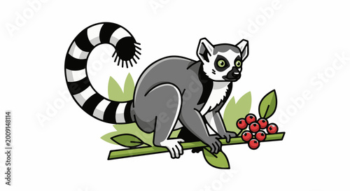 A cartoon ring-tailed lemur perches on a branch with red berries