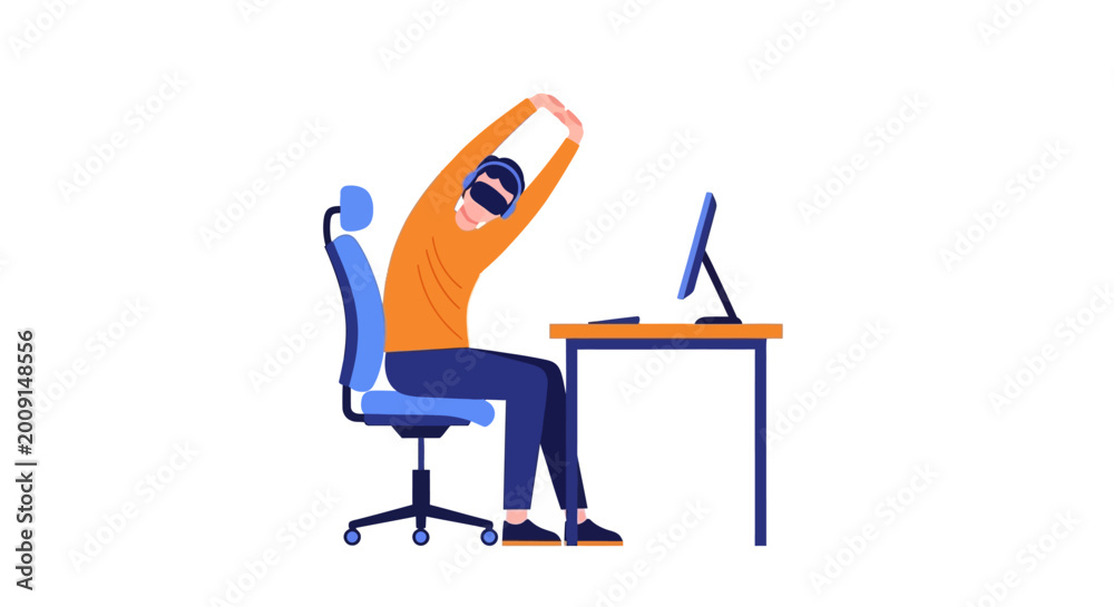 Fototapeta premium Man in VR Headset Stretching at Desk Vector Illustration - Metaverse, Virtual Reality Gaming, and Digital Wellness Concept