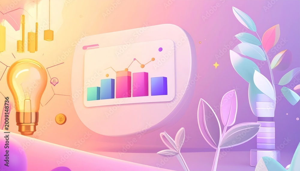 Obraz premium Creative Business Idea: Lightbulb, Chart, and Plant in Pastel Hues
