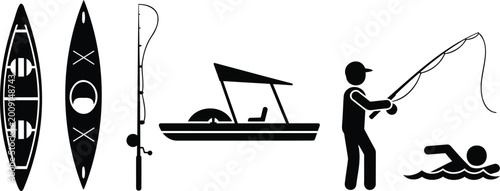 Фотография Outdoor recreational activities vector silhouette illustration of fishing boating swimming and kayaking line art