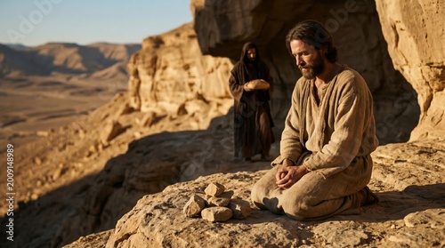 Jesus praying on a mountain edge in the wilderness. Biblical scene portraying a historical man kneeling in prayer before a pile of stones. Religious concept for church spirituality.