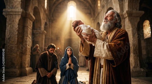 Simeon holding baby Jesus in the temple with Mary and Joseph praying. Biblical presentation of Jesus in the temple. Religious scene of holy family and prophet in ancient interior.