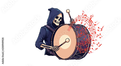 Фотография Grim Reaper Skeleton Playing Big Drum with Music Notes