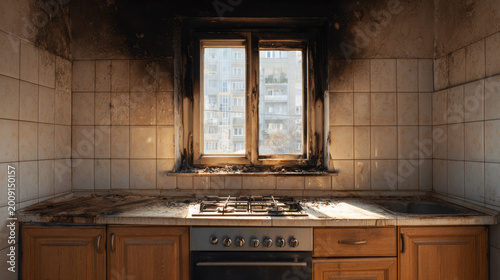Kitchen interior showing damage from fire with charred walls, burnt cabinets, and a gas stove, sunlight filtering through a window with soot marks