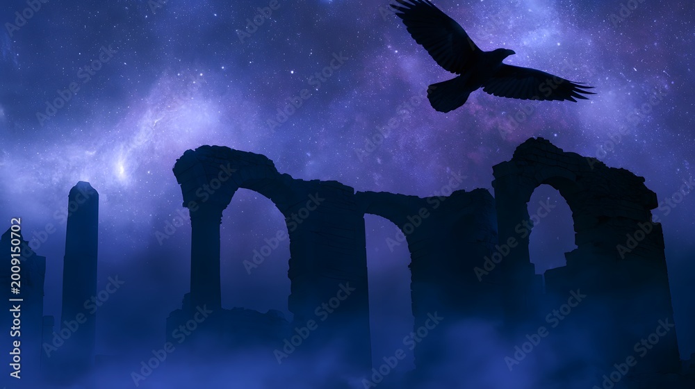 Fototapeta premium Mystical raven soars above ancient ruins bathed in cosmic starlight a fantasy vision