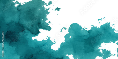 Blue watercolor abstract world map illustration with continents ocean sky and artistic paint texture