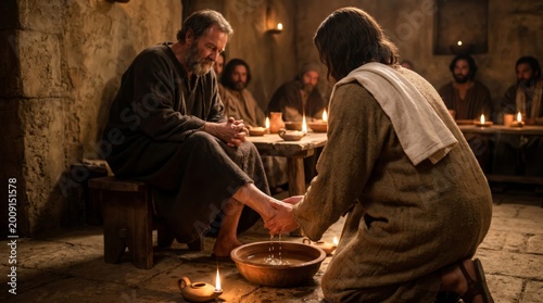 Jesus washing feet of apostle in stone room. Biblical scene depicting humble service and sacrifice. Religious historical event for spiritual teaching and traditional church ceremony.