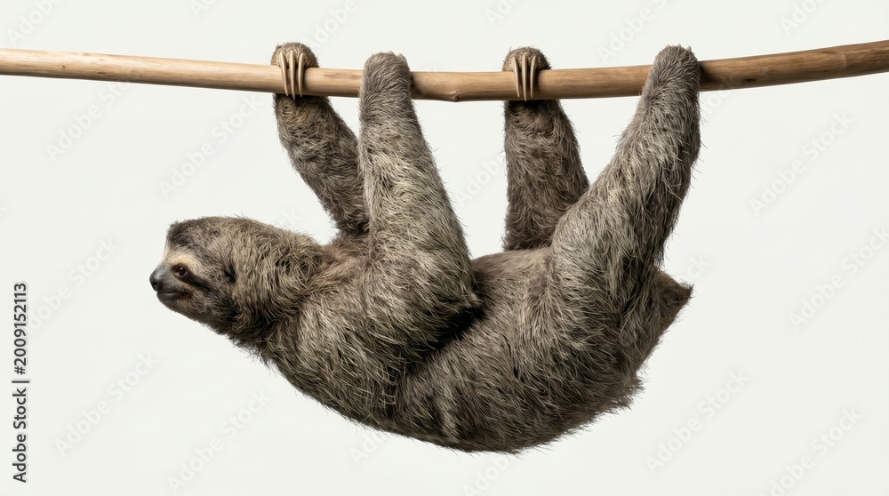 Fototapeta premium Slow-moving sloth hanging from a branch, symbolizing relaxation, calmness, and peaceful lifestyle.