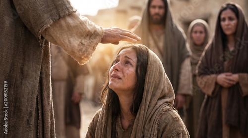 Jesus touching weeping woman on head to offer blessing and comfort. Biblical scene of faithful believer kneeling in prayer to god. Historical religious concept for Easter celebration.