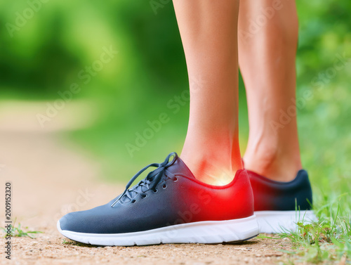 Achilles tendon injury pain highlighted in red on runner ankle wearing blue sports shoes on trail