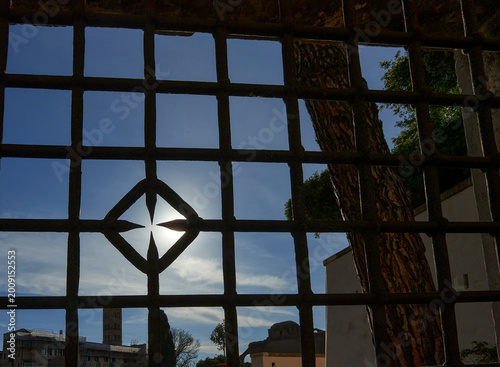 Ornamental Wrought Iron Gate Backlit by Sun with Rome Cityscape and Pine Tree