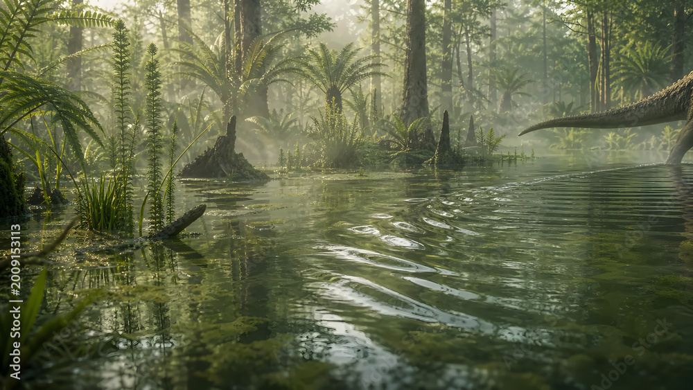 Fototapeta premium Subtle dinosaur wake through a quiet prehistoric swamp