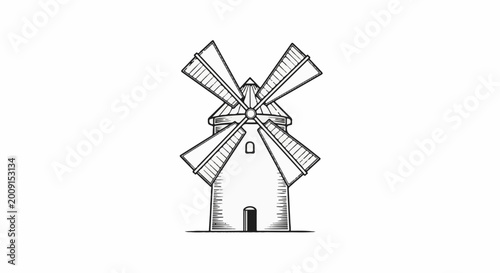 Vintage sketched windmill with large sails against a white background