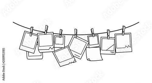 Vintage style photos hanging on a line with clothespins, a nostalgic collection