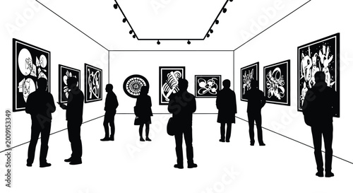 Photos art gallery visitors viewing paintings on walls black silhouette high quality