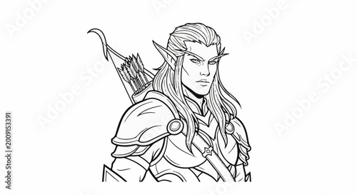 Warrior elf archer, detailed black and white line art, stern expression, long hair
