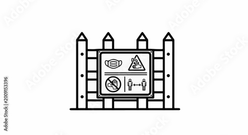 Warning signs on a fence indicate safety measures including mask use, hand washing, and distancing