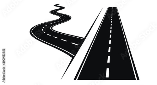 Tableau sur toile Road with winding section and straight path black and white silhouette